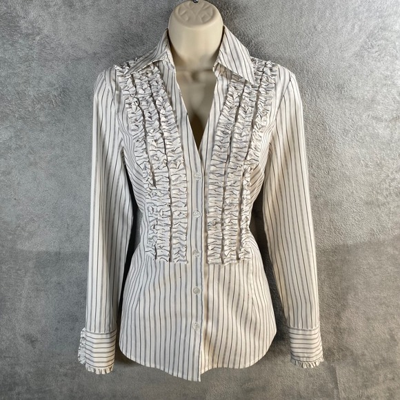 Y2k Button Down Shirt Size 2 Ruffle Trim Long Sleeve Striped Office Preppy - Picture 1 of 8